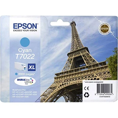 Image of Epson T7022 Eiffel Cyan Genuine, XL High Yield Ink Cartridge DuraBrite Ultra