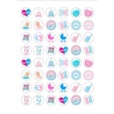 Image of 48 Gender Reveal Themed Edible Wafer Paper Cake Toppers Decorations 2.5cm circles