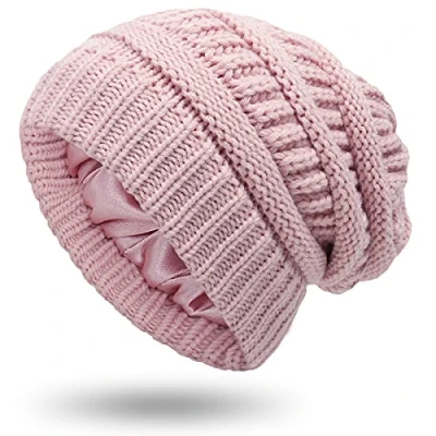 Image of XRDSS Women Warm Winter Hats Unisex Satin Lined Slouchy Cable Knitted Beanie Hat (Pink)