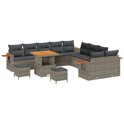 Image of vidaXL 13 Piece Garden Sofa Set with Cushions Grey Poly Rattan Acacia