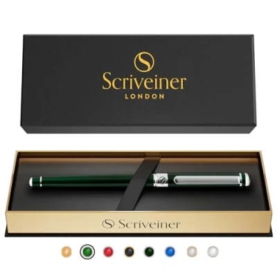 Image of Scriveiner British Racing Green Rollerball Stunning Luxury Pen, Chrome Finish, Schmidt Ink Refill, Best Roller Ball Pen Gift Set for Men &amp; Women, Professional, Executive Office, Nice Pens