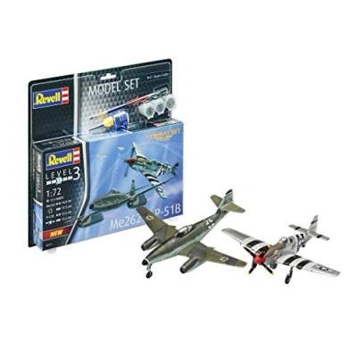Image of Revell Model Set 63711 Combat Me262 &amp; P 51B Mustang 1:72 Scale Unbuilt/Unpainted Plastic Kits with Contacta Professional Glue, Paintbrush Selected Aqua Color Paints