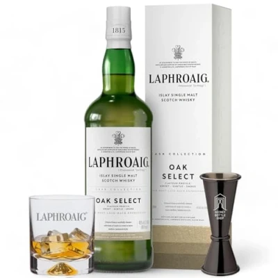 Image of Laphroaig Oak Select Whisky Glass &amp; Jigger Gift Set 70cl Containing 1 x Whisky, A Branded Glass, Bobbly Hat Secret Bottle Shop