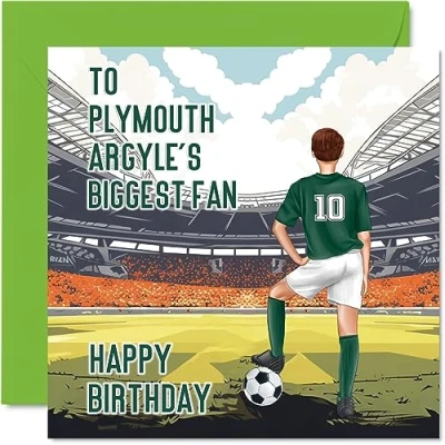Image of Football Birthday Card for Plymouth Fans Biggest Fan Fun Happy Son Dad Brother Uncle Colleague Friend Cousin, 145mm x Footy Footie Bday Greeting Cards