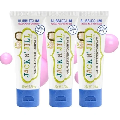Image of Jack N&#039; Jill Natural Certified Toothpaste Baby &amp; Toddler Toothpaste, Fluoride Free, 40% Xylitol, Sugar Safe for 6 Months and Up, Makes Tooth Brushing Fun, Bubblegum Flavour, 3 x 50g