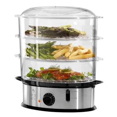 Image of Daewoo 3 Layer Food Steamer, 9L Capacity, Stainless Steel with Black Dial, Automatic Shut Off Rice Bowl Included, Water Level Indicator, Dishwasher Safe Tiers, Steam 0 30 Minutes 1200W, SDA1338