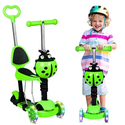 Image of 5 in 1 Kids Scooter, 3 Wheels Kick Scooter with LED Flashing Light, Adjustable Removable Handlebar &amp; Seat Push Handle for 2 8 Years Old Boys and Girls (Green)