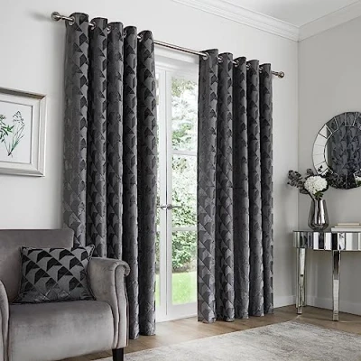 Image of Appletree Slate Grey Jacquard Curtains W66 x L90 (168 229cm) Silver Eyelet Luxury for Bedroom/Living Room Dark Door Curtain/Drapes Worcester Collection