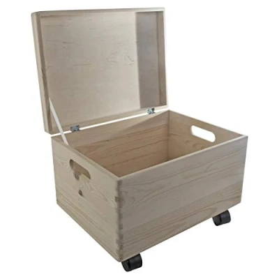 Image of Large+ Underbed Wooden Storage Box 40 x 30 28 cm Hinged Lid, Cut out Handles &amp; Wheels Memory Keepsake Chest Unpainted Plain Pine to Decorate Craft