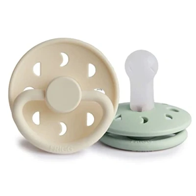 Image of FRIGG Moon Phase Silicone Pacifier Pack of 2 Soother Dummy BPA Free Made in Denmark Symmetrical Cherry Shaped Nipple (Cream/Sage (6 18 Months))