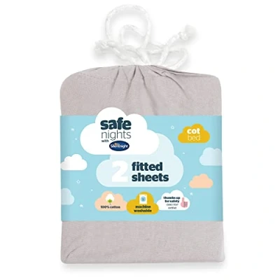 Image of Silentnight Safe Nights Cot Size Fitted Sheets Set 100% Jersey Cotton Bedside Compatible Pack of Two Grey Easy Care Super Soft Cuddly for Baby with Storage Bag (60cmx120cmx12cm), 2 Count (Pack 1)