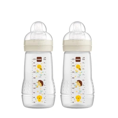 Image of MAM Easy Active Drinking Bottle Set of 2 (270 ml), Baby Including Teat Size 1 Made SkinSoft Silicone, Milk with Ergonomic Shape, 0+ Months, Bee/Hedgehog