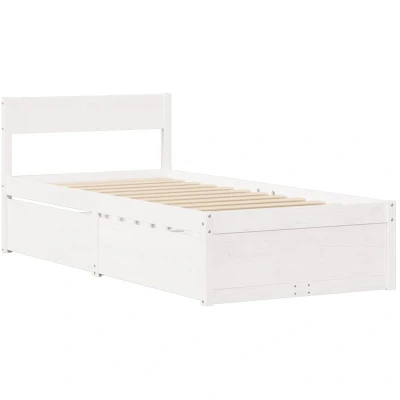Image of vidaXL White Solid Pine Wood Bed Frame with Drawers 75x190 cm Small Single Plywood Slats and Headboard Support