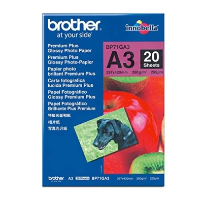 Image of Brother BP71G Photo Paper, Premium Plus Glossy, 20 Sheets, Genuine Supplies, White, A3, 297 mm (W) x 420 (L)