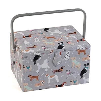 Image of Hobby Gift Exclusive Large Sewing Craft Storage Box, Accessories Tray Pin Cushion Pocket PVC Handle 23.5 x 31 20cm, Grey Dogs