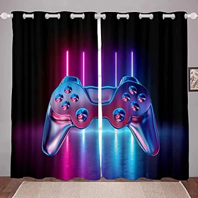 Image of Boys Game Curtains Gradient Neon Gamepad for Kids Video Windows Drapes Novelty Controller W66*L72