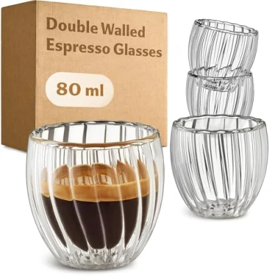 Image of Cosumy Double Walled Espresso Glass 80ml Set of 4 Cups Heat Insulating, Protects Your Hands Floating Effect Ribbed Design Dishwasher Safe
