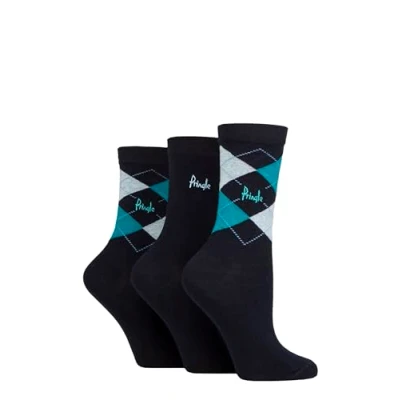 Image of Women&#039;s 3 Pair Pringle Gift Boxed Louise Plain and Argyle Cotton Socks Navy / Teal 4 8