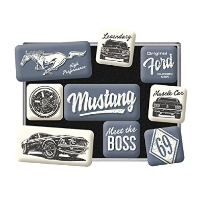 Image of Nostalgic Art Retro Fridge Magnets 9 Pack Ford Mustang The Boss Gift Idea for Accessories Fans Magnet Set Magnetic Board Vintage Design