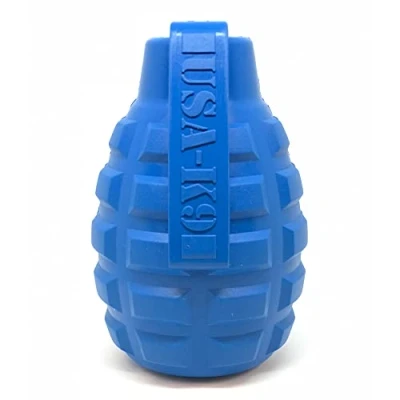 Image of SodaPup USA K9 Dog Toy Natural Rubber Grenade Shaped Chew Treat Dispenser Slow Feeder for Heavy Chewers Made in Blue Large