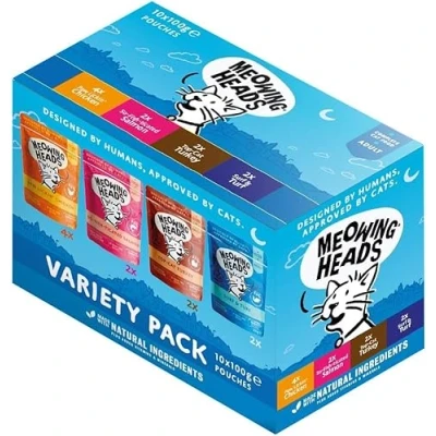 Image of Meowing Heads Wet Cat Food Variety Pack 93% Natural Turkey, Chicken, Beef &amp; Fish Pouches with No Artificial Flavours, Grain Free Recipe (10 x 100g)