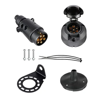 Image of BEIJISTAR 7 Pin Trailer Plug Socket Kit with Rubber Gasket and Metal Mounting Bracket, 12V Waterproof Connector, for Truck RV Cars Boat Caravan (Rubber Boot)