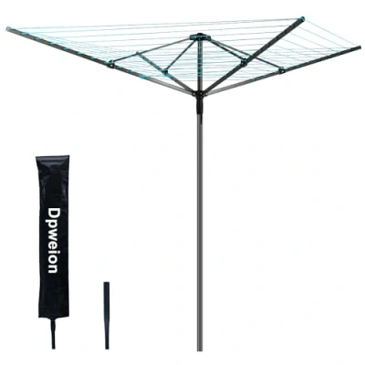 Image of DPWEION 4 Arm 50M Heavy Duty Folding Rotary Washing Line for Outdoor/Garden Portable Large Clothes Airer Dryer with Metal Ground Spike/Cover(Grey)