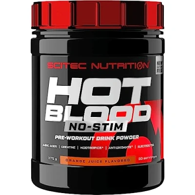Image of Scitec Nutrition Hot Blood No Stim Stimulant Free Pre Workout with Creatine Nootropics Beta Alanine Electrolytes Antioxidant Complex, 375 g, Orange Juice