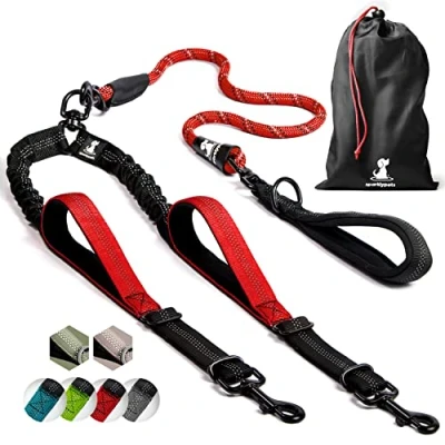 Image of SparklyPets Double Dog Lead For 2 Dogs Rope Bungee Dual Medium and Large with Padded Handles, No Tangle &amp; Reflective Stripes (Red, Dogs)