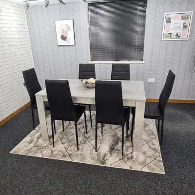 Image of KOSY KOALA Dining Table and 6 Chairs Stone Grey Effect Wood Black Leather Room
