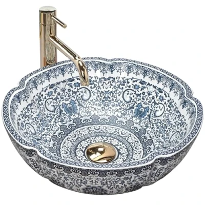 Image of REA U5666 Bathroom Sink Made of Ceramic Vivien pattern U5666, White Blue, 42,5 x cm