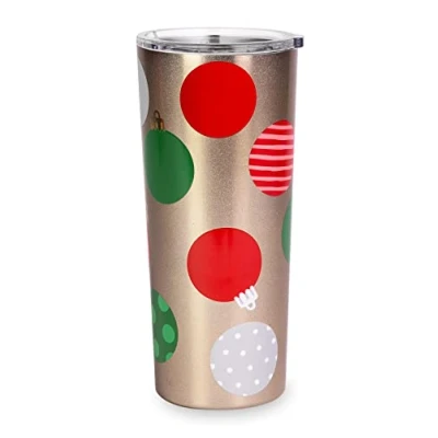 Image of Kate Spade New York Insulated Stainless Steel Tumbler, 24 Ounce Double Wall Travel Cup with Lid, Christmas Bulbs