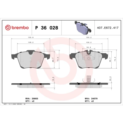 Image of C2031788, C2C14096, C2D23150, C2D31788, C2D60996 Brake pad set BREMBO P 36 028 JAGUAR: XF Saloon, XJ Sportbrake