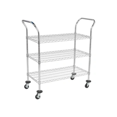 Image of Chrome Wire Mesh Trolley, Steel 3 Tier Shelving Unit on Wheels with Handles &amp; Height Adjustable Shelves