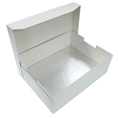 Image of Culpitt 16&quot; x 12&quot; (406 304mm) Cake Board &amp; White Box Combo, Oblong Silver Fern Drum with Matching Box, 0.5&#039;&#039; (13mm) Thick, Rectangular Transport, Single Pack Rectangle