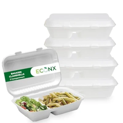 Image of ECONX 2 Compartment Bagasse Clamshell Takeaway Boxes 9x6 Inch 200pcs Container Compostable Biodegradable Disposable Meal Food Box Delivery, Outdoor Events, Catering