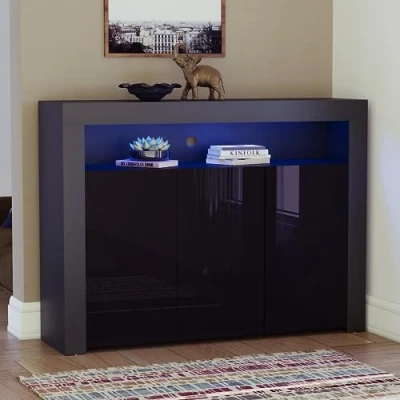 Image of Vida Designs Nova 3 Door Modern LED Sideboard in Black, RGB Lights (Fade/Strobe Options Included), High Gloss