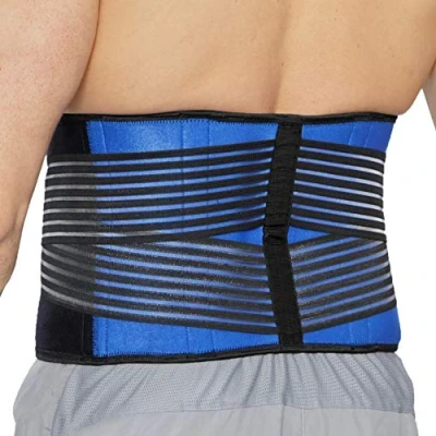 Image of Neotech Care Neoprene Back Brace, Lumbar Support with Double Banded Strong Compression Pull Straps (Black &amp; Blue, Size XL)