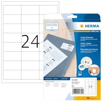 Image of HERMA Self Adhesive Multipurpose Inkjet Labels, 24 Labels per A4 Sheet, 25 Sheets, 66 x 33.8 mm, 600 Blank Universal Stickers, Sticky for Printer, White