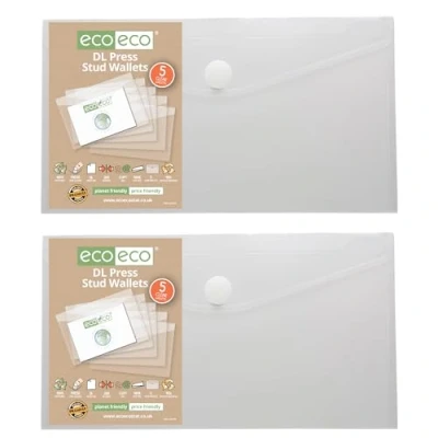 Image of eco DL 95% Recycled Clear Press Stud Popper Wallet, Plastic Folders (Pack of 10), eco156x2