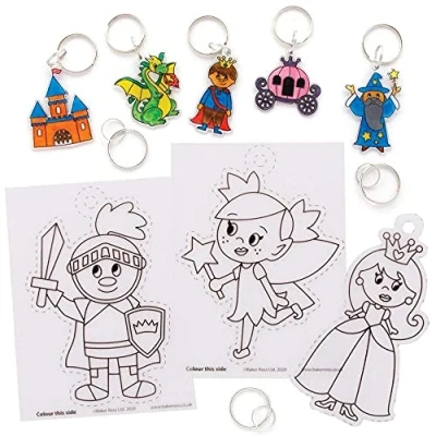 Image of Baker Ross FE513 Fairy Tale Super Shrink Keyrings Pack of 8, for Crafts to Colour in, Make and Display, Your Own Kids, Art