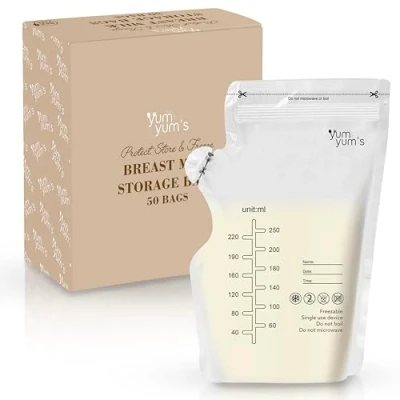 Image of Yum Yum&#039;s 50 Pcs Breast Milk Storage Bags 250ml Disposable, No Leak Freezer Pouches with Pour Spout for Breastfeeding Ideal Breastmilk Bags,