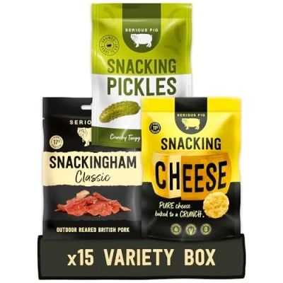 Image of SERIOUS PIG Ham, Cheese &amp; Pickles Hamper Cured Crunchy Baked Italian Pickled Gherkin Snacks Savoury Pub Snack Gift Box (15 Packs)