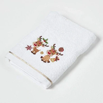 Image of HOMESCAPES Reindeer Embroidered Christmas Towel 100% Cotton White Hand with Decorative Festive Design Guest for Bathroom or Xmas Gift