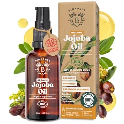 Image of Bionoble Organic Jojoba Oil 50ml 100% Pure, Natural and Cold Pressed Face, Body, Hair, Beard, Nails Vegan Cruelty Free Glass Bottle + Pipette Pump