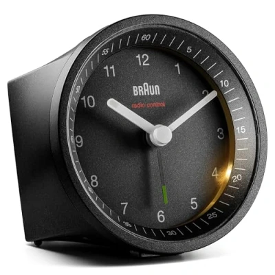 Image of Braun Classic Radio Controlled Analogue Alarm Clock For Central European Time Zone (DCF/GMT+1) with Snooze and Light, Quiet Quartz Movement, Crescendo Beep in Black, model BC07B DCF.