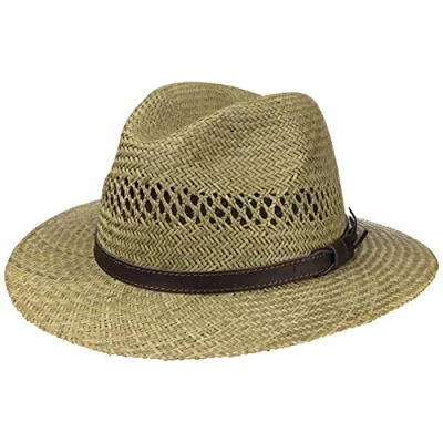 Image of Lipodo Traveller Straw hat Women/Men Summer Made of in Italy Sun with a Brown Leather Band Nature M (56 57 cm)