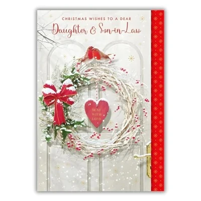 Image of Daughter &amp; Son in Law Christmas Card Robins and Snowy Wreath Sent with Love Artistic Festive Design Special Finish Made the UK Eco Friendly