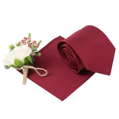 Image of DQT Plain Glossy Satin Polyester Wedding Classic Neck Tie and Pocket Square Set for Men in Burgundy