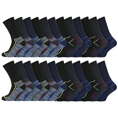 Image of Socksmad 12 Pack Mens Work Socks Thick Boot For Men, Cushioned Padded Sole Builders, Mechanics, Engineers (UK, Numeric, 6, 11, Regular, Grey Marl Line Design 24)